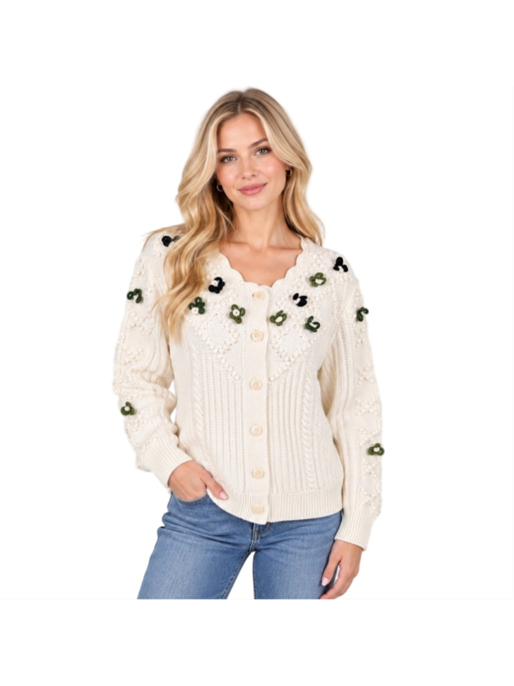Talbots Mixed Stitch Cardigan Merry Floral 3D Knit Ivory Sweater Cottagecore XL